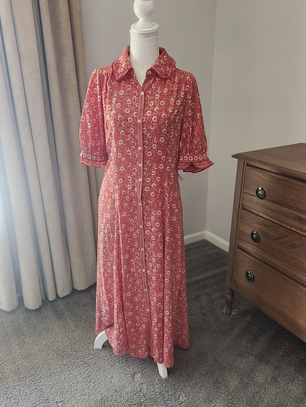 Max Studio Red Floral Button-Front Maxi Dress with Collared Neck